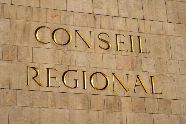This photo shows an engraving on a wall indicating the Regional Council in downtown Marseille, southeastern France on January 20, 2026. (Photo by MIGUEL MEDINA / AFP)