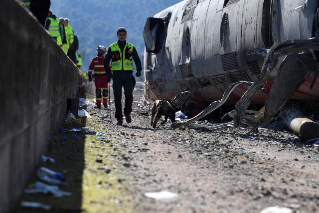 An emergency services member works with a dog on the site of a high-speed trains collision that killed at least 41 people, in Adamuz, southern Spain, on January 20, 2026. At least 41 people died and more than 120 injured in the deadliest train accident in Spain in over a decade. The crash happened on January 18 evening when a train operated by rail company Iryo travelling from Malaga to Madrid derailed near Adamuz, crossing onto the other track where it crashed into an oncoming train, which also derailed. (Photo by CRISTINA QUICLER / AFP)