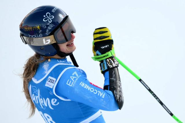 Italy's Lara Della Mea reacts after the second run of the Women's Giant Slalom event of FIS Alpine Skiing World Cup in Kronplatz, Plan de Corones, Italy, on January 20, 2026. (Photo by Marco BERTORELLO / AFP)