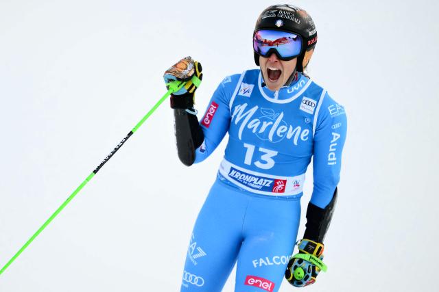 Italy's Federica Brignone reacts after the second run of the Women's Giant Slalom event of FIS Alpine Skiing World Cup in Kronplatz, Plan de Corones, Italy, on January 20, 2026. (Photo by Marco BERTORELLO / AFP)