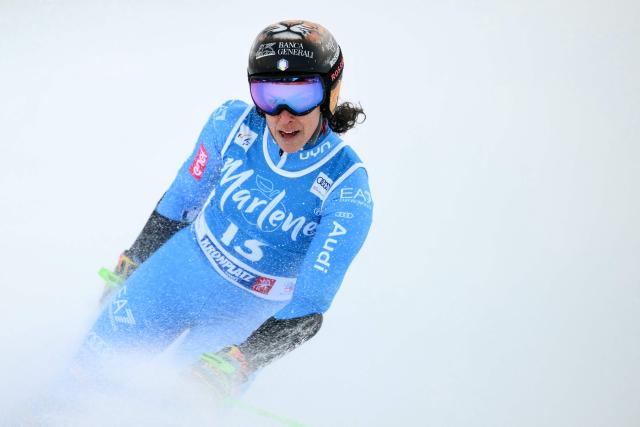 Italy's Federica Brignone reacts after the second run of the Women's Giant Slalom event of FIS Alpine Skiing World Cup in Kronplatz, Plan de Corones, Italy, on January 20, 2026. (Photo by Marco BERTORELLO / AFP)