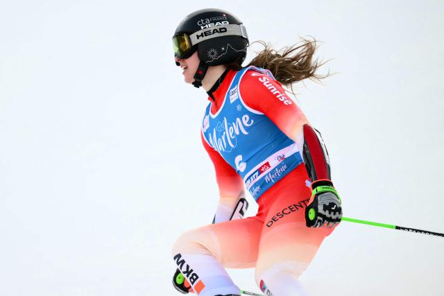 Switzerland's Camille Rast reacts after the second run of the Women's Giant Slalom event of FIS Alpine Skiing World Cup in Kronplatz, Plan de Corones, Italy, on January 20, 2026. (Photo by Marco BERTORELLO / AFP)