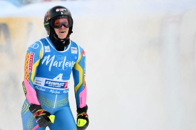Sweden's Sara Hector reacts after the second run of the Women's Giant Slalom event of FIS Alpine Skiing World Cup in Kronplatz, Plan de Corones, Italy, on January 20, 2026. (Photo by Marco BERTORELLO / AFP)