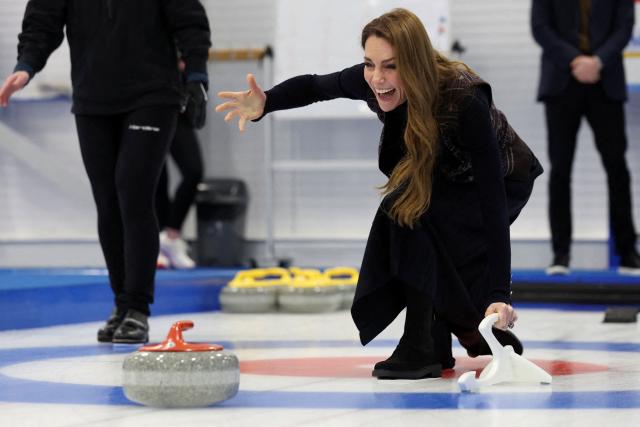 Britain's Catherine, Princess of Wales takes part in curling during a visit to meet with the Team GB and Paralympics GB Curling teams, ahead of the Winter Olympic Games, at the National Curling Academy in Stirling, in Scotland on January 20, 2026. (Photo by Russell Cheyne / POOL / AFP)