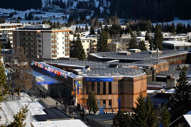 This photograph taken on January 20, 2026 shows a general view of the town of Davos, with the congress center (seen foreground) during the World Economic Forum (WEF) annual meeting in Davos. The World Economic Forum takes place in Davos from January 19 to January 23, 2026. (Photo by INA FASSBENDER / AFP)