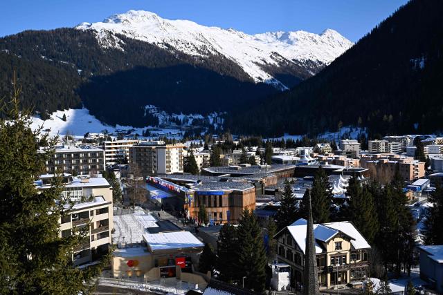 This photograph taken on January 20, 2026 shows a general view of the town of Davos, with the congress center (seen center) during the World Economic Forum (WEF) annual meeting in Davos. The World Economic Forum takes place in Davos from January 19 to January 23, 2026. (Photo by INA FASSBENDER / AFP)