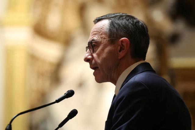 President of The Republicans group in the French Senate Bruno Retailleau delivers a speech during the examination of a bill for the creation of a right to assisted dying at the Senate, the French Parliament upper house, in Paris on January 20, 2026. Major societal reform of French President's second five-year term, the creation of a right to assisted dying will be debated starting on January 20, 2026 in the Senate chamber, where end-of-life discussions promise to be less consensual than in the lower house, given the right's reservations. (Photo by Alain JOCARD / AFP)