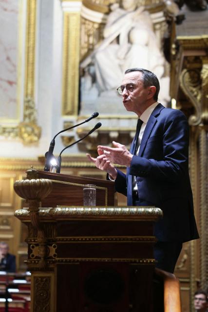President of The Republicans group in the French Senate Bruno Retailleau delivers a speech during the examination of a bill for the creation of a right to assisted dying at the Senate, the French Parliament upper house, in Paris on January 20, 2026. Major societal reform of French President's second five-year term, the creation of a right to assisted dying will be debated starting on January 20, 2026 in the Senate chamber, where end-of-life discussions promise to be less consensual than in the lower house, given the right's reservations. (Photo by Alain JOCARD / AFP)