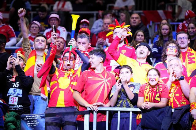 North Macedonia supporters cheer prior to the EHF Euro 2026 Group B preliminary round handball match between North Macedonia and Romania in Herning, Denmark, on January 20, 2026. (Photo by Bo Amstrup / Ritzau Scanpix / AFP) / Denmark OUT