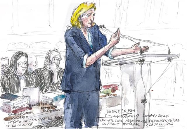 This court sketch made on January 20, 2026 shows French far-right Rassemblement National (RN) party leader Marine Le Pen appearing before the court during her appeal trial on charges of embezzlement of European public funds in a case of alleged European Parliament fake jobs, at Paris courthouse, on January 20, 2026. Marine Le Pen at an appeals trial on January 20, 2026 rejected her party having had any "system" to embezzle European Parliament funds, as she seeks to save her 2027 run for president. A French court last year barred Le Pen, a three-time presidential candidate from the far-right National Rally (RN), from running for office for five years over a fake jobs scam at the European institution. (Photo by Benoit PEYRUCQ / AFP)