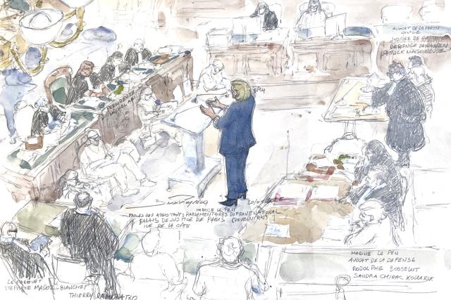 This court sketch made on January 20, 2026 shows French far-right Rassemblement National (RN) party leader Marine Le Pen (C) appearing before the court during her appeal trial on charges of embezzlement of European public funds in a case of alleged European Parliament fake jobs, at Paris courthouse, on January 20, 2026. Marine Le Pen at an appeals trial on January 20, 2026 rejected her party having had any "system" to embezzle European Parliament funds, as she seeks to save her 2027 run for president. A French court last year barred Le Pen, a three-time presidential candidate from the far-right National Rally (RN), from running for office for five years over a fake jobs scam at the European institution. (Photo by Benoit PEYRUCQ / AFP)