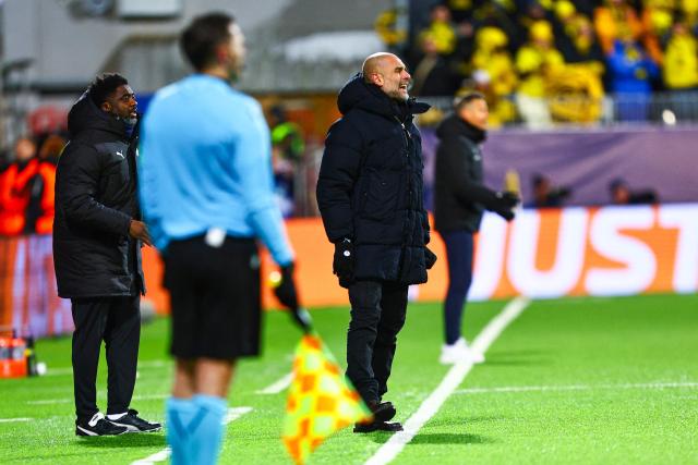 Manchester City's Spanish manager Pep Guardiola reacts during the UEFA Champions League, league Phase - day 7 football match between Bodoe/Glimt and Manchester City in Bodoe, Norway on January 20, 2026. (Photo by Mats Torbergsen / NTB / AFP) / Norway OUT