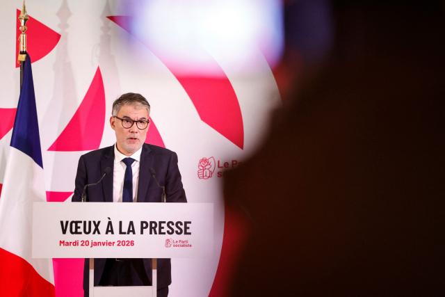 First secretary of French left-wing party Socialist (PS) Olivier Faure gestures as he delivers his New Year's wishes to the press, in Paris, on January 20, 2026. (Photo by GEOFFROY VAN DER HASSELT / AFP)
