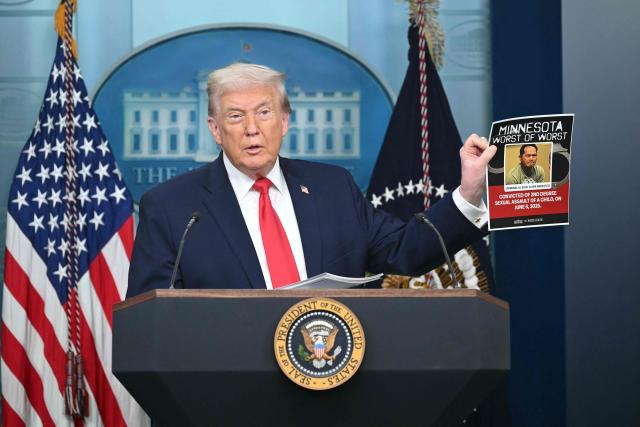 US President Donald Trump speaks during a briefing in the Brady Briefing Room of the White House in Washington, DC, on January 20, 2026. The White House said President Donald Trump will hold a press conference Tuesday exactly a year into his second term, amid acute international tension over his drive to take over Greenland. (Photo by SAUL LOEB / AFP)