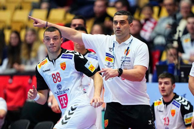 North Macedonia's coach Kiril Lazarov reacts during the EHF Euro 2026 Group B preliminary round handball match between North Macedonia and Romania in Herning, Denmark, on January 20, 2026. (Photo by Bo Amstrup / Ritzau Scanpix / AFP) / Denmark OUT