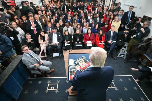 US President Donald Trump speaks during a briefing in the Brady Briefing Room of the White House in Washington, DC, on January 20, 2026. The White House said President Donald Trump will hold a press conference Tuesday exactly a year into his second term, amid acute international tension over his drive to take over Greenland. (Photo by Saul LOEB / AFP)