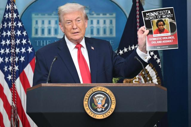 US President Donald Trump speaks during a briefing in the Brady Briefing Room of the White House in Washington, DC, on January 20, 2026. The White House said President Donald Trump will hold a press conference Tuesday exactly a year into his second term, amid acute international tension over his drive to take over Greenland. (Photo by SAUL LOEB / AFP)