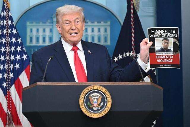 US President Donald Trump speaks during a briefing in the Brady Briefing Room of the White House in Washington, DC, on January 20, 2026. The White House said President Donald Trump will hold a press conference Tuesday exactly a year into his second term, amid acute international tension over his drive to take over Greenland. (Photo by SAUL LOEB / AFP)