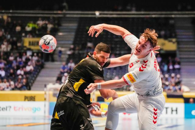 Switzerland's centre back #11 Felix Aelle shoots during the EHF Euro 2026 group D preliminary round handball match between Montenegro and Switzerland in Baerum near Oslo, Norway, on January 20, 2026. (Photo by Erik Flaaris Johansen / NTB / AFP) / Norway OUT