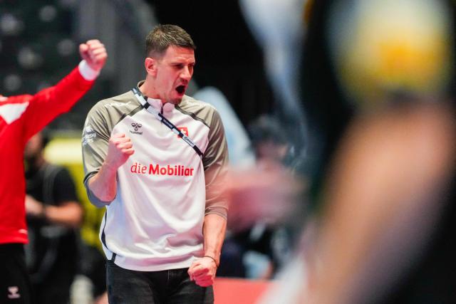Switzerland's coach Andy Schmid reacts during the EHF Euro 2026 group D preliminary round handball match between Montenegro and Switzerland in Baerum near Oslo, Norway, on January 20, 2026. (Photo by Erik Flaaris Johansen / NTB / AFP) / Norway OUT