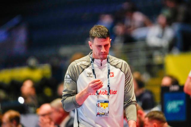 Switzerland's coach Andy Schmid reacts during the EHF Euro 2026 group D preliminary round handball match between Montenegro and Switzerland in Baerum near Oslo, Norway, on January 20, 2026. (Photo by Erik Flaaris Johansen / NTB / AFP) / Norway OUT