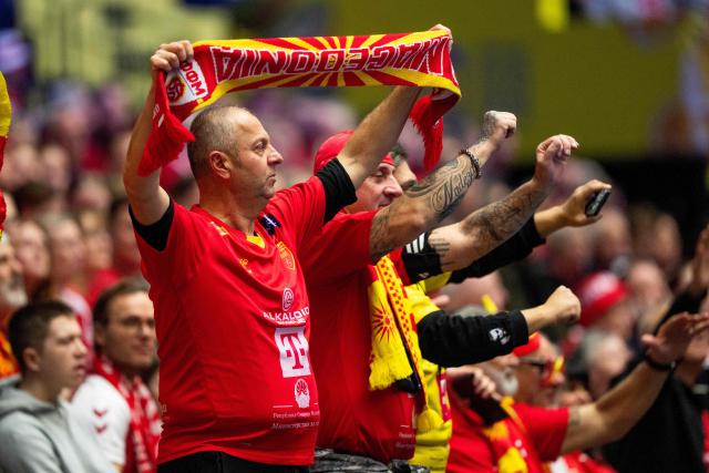 North Macedonia's fans cheer during the EHF Euro 2026 Group B preliminary round handball match between North Macedonia and Romania in Herning, Denmark, on January 20, 2026. (Photo by Bo Amstrup / Ritzau Scanpix / AFP) / Denmark OUT