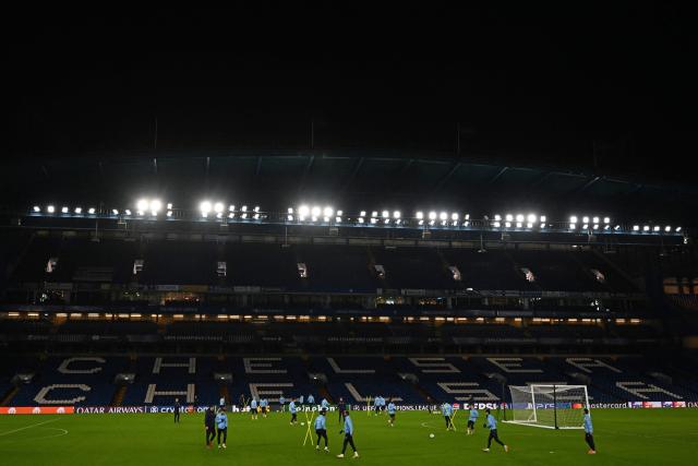 Pafos FC's players take part in a training session at Stamford Bridge in London on January 20, 2026, on the eve of their UEFA Champions League, league phase football match against Chelsea. (Photo by Glyn KIRK / AFP)