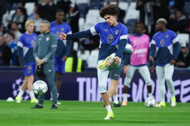 Monaco's French midfielder #11 Maghnes Akliouche kicks the ball during the warmup before the UEFA Champions League league phase day 7 football match between Real Madrid CF and AS Monaco at Santiago Bernabeu Stadium in Madrid on January 20, 2026. (Photo by Pierre-Philippe MARCOU / AFP)
