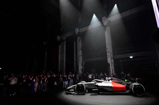 The Audi Revolut F1 car is pictured ahead of its entry into the 2026 Formula One season, on January 20, 2026, in Berlin. (Photo by Tobias SCHWARZ / AFP)