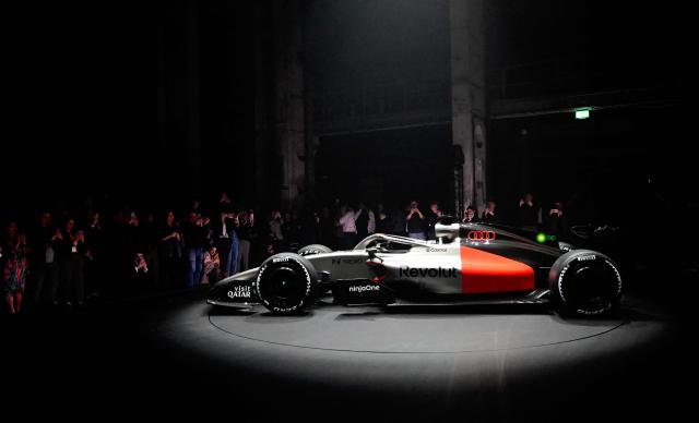 The Audi Revolut F1 car is pictured ahead of its entry into the 2026 Formula One season, on January 20, 2026, in Berlin. (Photo by Tobias SCHWARZ / AFP)