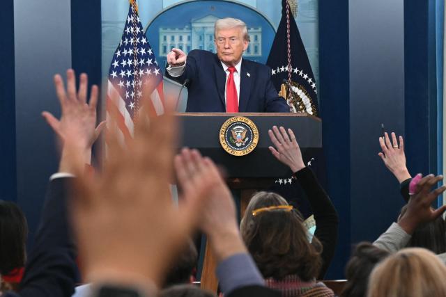 US President Donald Trump speaks during a briefing in the Brady Briefing Room of the White House in Washington, DC, on January 20, 2026. US President Donald Trump on Tuesday expressed frustration that his message on the economy was "not getting across," blaming his spokespeople for the issue. (Photo by SAUL LOEB / AFP)