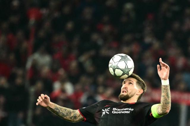 Bayer Leverkusen's German midfielder #08 Robert Andrich controls the ball during the during the UEFA Champions League, league phase day 7, football match between Olympiakos and Bayer Leverkusen at the Georgios Karaiskakis Stadium in Piraeus, near Athens, on January 20, 2026. (Photo by Angelos Tzortzinis / AFP)
