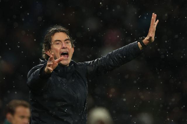 Tottenham Hotspur's Danish head coach Thomas Frank gestures on the touchline during the UEFA Champions League football league stage match between Tottenham Hotspur and Borussia Dortmund at the Tottenham Hotspur Stadium in London, on January 20, 2026. (Photo by Adrian Dennis / AFP)
