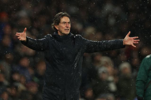 Tottenham Hotspur's Danish head coach Thomas Frank gestures on the touchline during the UEFA Champions League football league stage match between Tottenham Hotspur and Borussia Dortmund at the Tottenham Hotspur Stadium in London, on January 20, 2026. (Photo by Adrian Dennis / AFP)
