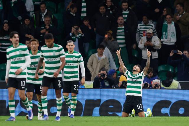 Sporting Lisbon's Colombian forward #97 Luis Suarez celebrates scoring the opening goal during the UEFA Champions League league phase day 7 football match between Sporting CP and Paris Saint Germain at Jose Alvalade stadium in Lisbon on January 20, 2026. (Photo by FILIPE AMORIM / AFP)
