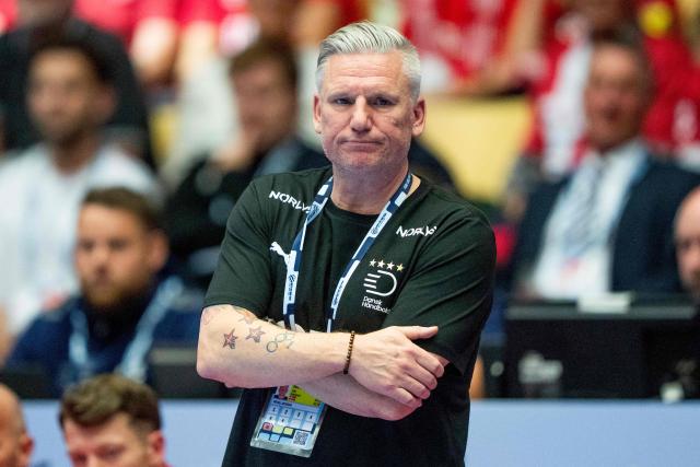 Denmark's coach Nikolaj Jacobsen reacts during the EHF Euro 2026 Group B preliminary round handball match between Denmark and Portugal in Herning, Denmark, on January 20, 2026. (Photo by Bo Amstrup / Ritzau Scanpix / AFP) / Denmark OUT