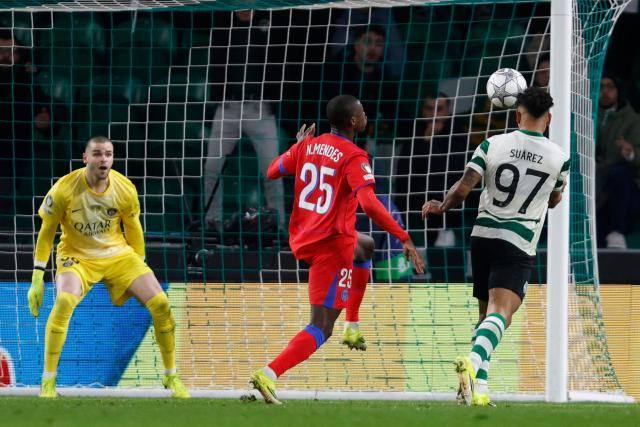 Sporting Lisbon's Colombian forward #97 Luis Suarez celebrates scoring his second goal during the UEFA Champions League league phase day 7 football match between Sporting CP and Paris Saint Germain at Jose Alvalade stadium in Lisbon on January 20, 2026. (Photo by FILIPE AMORIM / AFP)