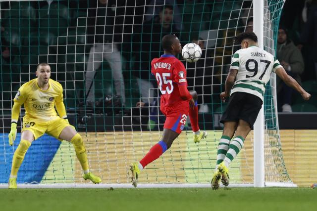 Sporting Lisbon's Colombian forward #97 Luis Suarez celebrates scoring his second goal during the UEFA Champions League league phase day 7 football match between Sporting CP and Paris Saint Germain at Jose Alvalade stadium in Lisbon on January 20, 2026. (Photo by FILIPE AMORIM / AFP)