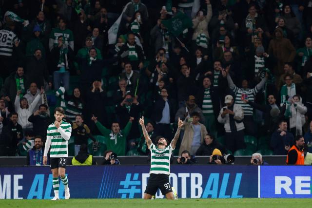 Sporting Lisbon's Colombian forward #97 Luis Suarez celebrates scoring his second goal during the UEFA Champions League league phase day 7 football match between Sporting CP and Paris Saint Germain at Jose Alvalade stadium in Lisbon on January 20, 2026. (Photo by FILIPE AMORIM / AFP)