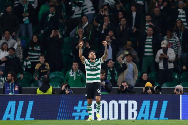 Sporting Lisbon's Colombian forward #97 Luis Suarez celebrates scoring his second goal during the UEFA Champions League league phase day 7 football match between Sporting CP and Paris Saint Germain at Jose Alvalade stadium in Lisbon on January 20, 2026. (Photo by FILIPE AMORIM / AFP)