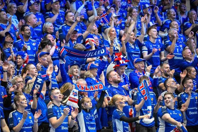 Iceland's supporters cheer during the EHF Euro 2026 Group F preliminary round handball match between Hungary and Iceland in Kristianstad, Sweden, on January 20, 2026. (Photo by Johan Nilsson/TT / TT News Agency / AFP) / Sweden OUT