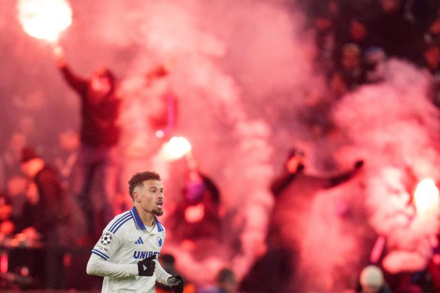 FCK's Swedish forward Jordan Larsson celebrates after scoring his team first goal during the UEFA Champions League, league phase day 7 football match between FC Copenhaben and SSC Napoli in Copenhagen, Denmark, on January 20, 2026. (Photo by Liselotte Sabroe / Ritzau Scanpix / AFP) / Denmark OUT