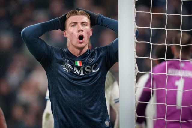 SSC Napoli's Rasmus Hoejlund reacts during the UEFA Champions League, league phase day 7, football match between FC Copenhaben and SSC Napoli in Copenhagen on January 20, 2026. (Photo by Liselotte Sabroe / Ritzau Scanpix / AFP) / Denmark OUT