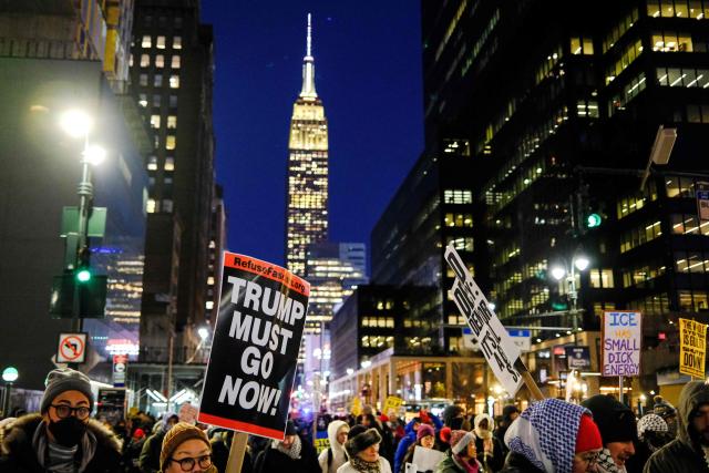 People take part in the nationwide "Stop ICE Terror" rally in New York on January 20, 2026, protesting US President Donald Trump’s immigration policies. (Photo by CHARLY TRIBALLEAU / AFP)