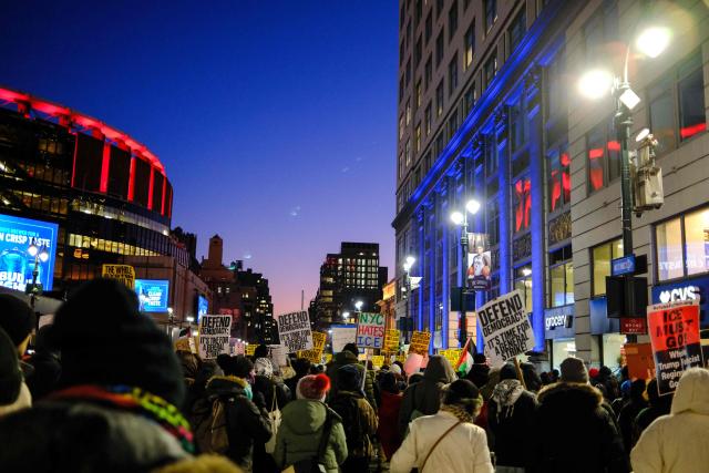 People take part in the nationwide "Stop ICE Terror" rally in New York on January 20, 2026, protesting US President Donald Trump’s immigration policies. (Photo by CHARLY TRIBALLEAU / AFP)