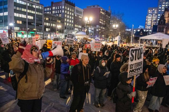 People take part in the nationwide "Stop ICE Terror" rally at Copley Square in Boston, Massachusetts, on January 20, 2026 in protest against US President Donald Trump's policies. (Photo by Joseph Prezioso / AFP)
