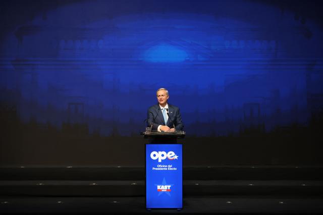 Chile's President-elect Jose Antonio Kast speaks during the presentation of his cabinet at the office of the president-elect, commonly nicknamed as 'La Moneda Chica' in Las Condes, Santiago, on January 20, 2026. Chile's right-wing president-elect Jose Antonio Kast on january 20 named two ex-lawyers of former dictator Augusto Pinochet to lead the ministries of defense and human rights when he takes office in March. (Photo by Alvaro NARANJO / AFP)