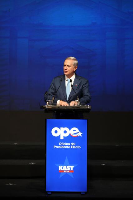 Chile's President-elect Jose Antonio Kast speaks during the presentation of his cabinet at the office of the president-elect, commonly nicknamed as 'La Moneda Chica' in Las Condes, Santiago, on January 20, 2026. Chile's right-wing president-elect Jose Antonio Kast on january 20 named two ex-lawyers of former dictator Augusto Pinochet to lead the ministries of defense and human rights when he takes office in March. (Photo by Alvaro NARANJO / AFP)