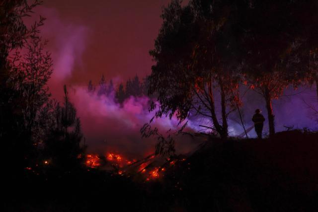TOPSHOT - A firefighter tries to extinguish burning vegetation during a wildfire in the town of Florida near the city of Concepción, Chile, on January 20, 2026. Residents of southern Chile, ravaged by four days of deadly wildfires, pleaded for help on January 20 from communities reduced to rubble, as smoke lingered and firefighters braced for the return of hot weather. (Photo by Raul BRAVO / AFP)