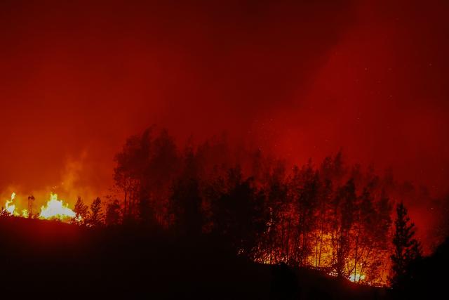 Flames and burning vegetation are seen during a wildfire in the town of Florida near the city of Concepción, Chile, on January 20, 2026. Residents of southern Chile, ravaged by four days of deadly wildfires, pleaded for help on January 20 from communities reduced to rubble, as smoke lingered and firefighters braced for the return of hot weather. (Photo by Raul BRAVO / AFP)